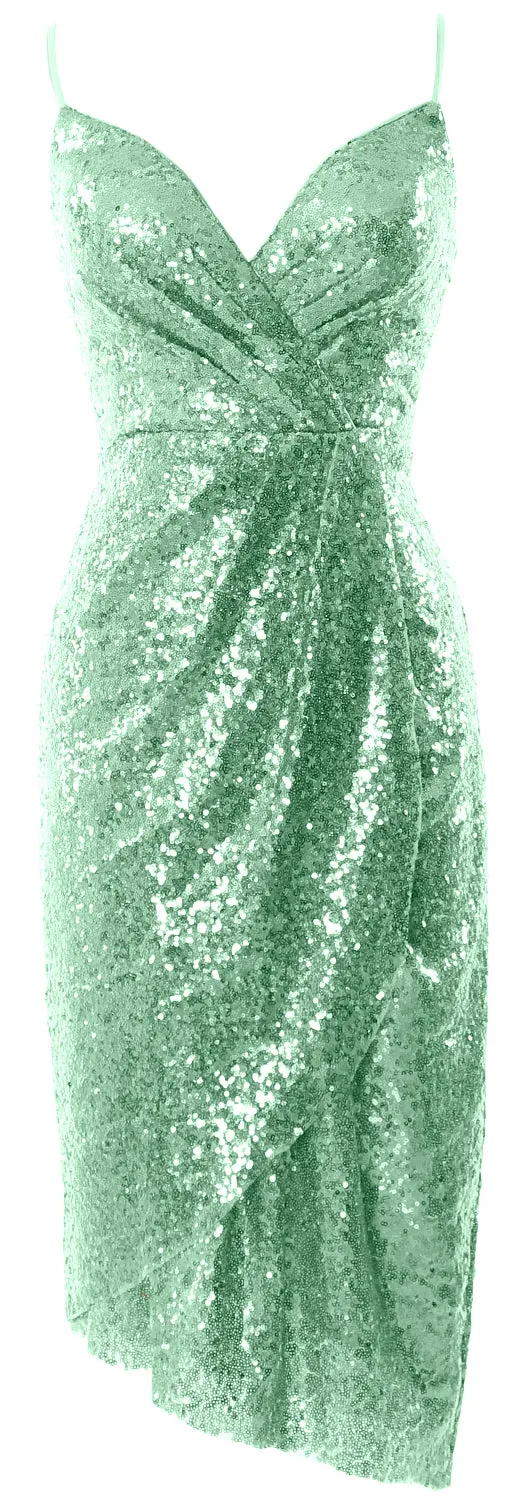 MACloth Women Midi Bridesmaid Dresses Sequin V Neck Wedding Party Formal Gown