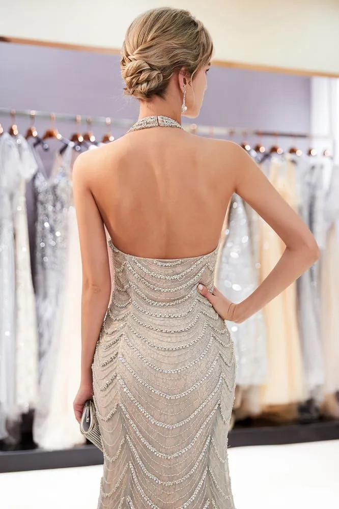 MAURA Mermaid Halter Sleeveless Long Sequined Pattern Evening Dresses