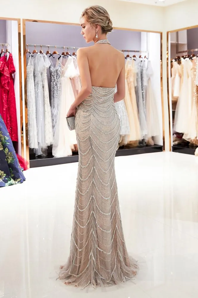 MAURA Mermaid Halter Sleeveless Long Sequined Pattern Evening Dresses