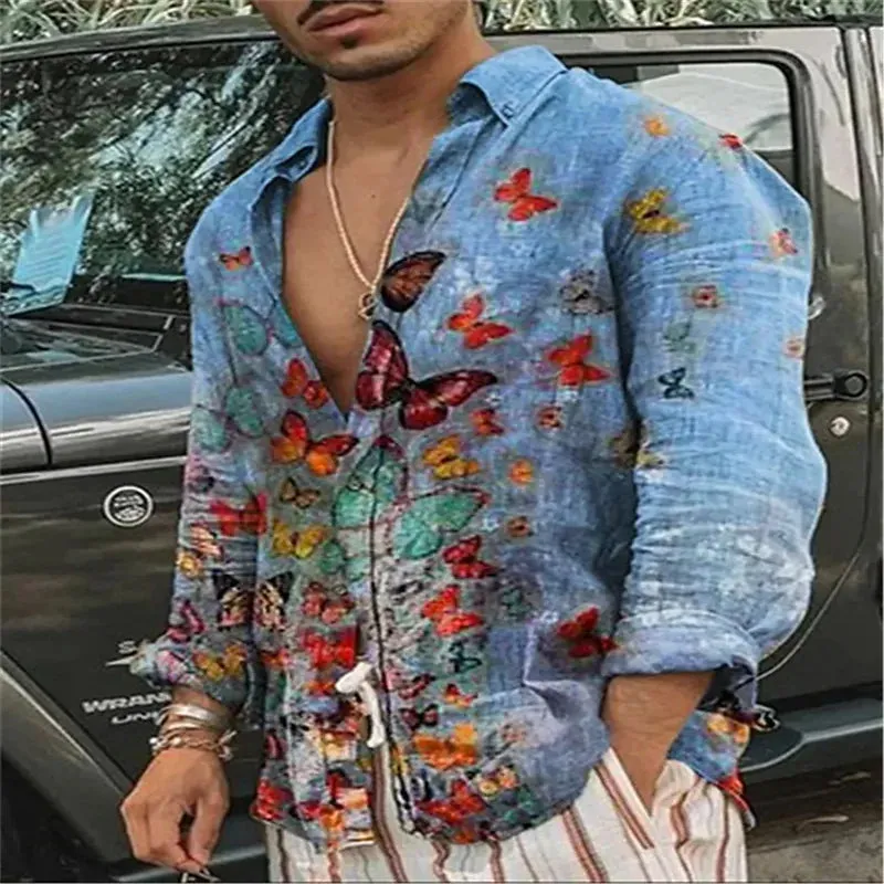 Men's 2023 Size Retro Graffiti Quality Ink Butterfly Material Outdoor Heavy discount Fashion Lapel High Plus Casual Flower Winter sale Painting Shirt Top