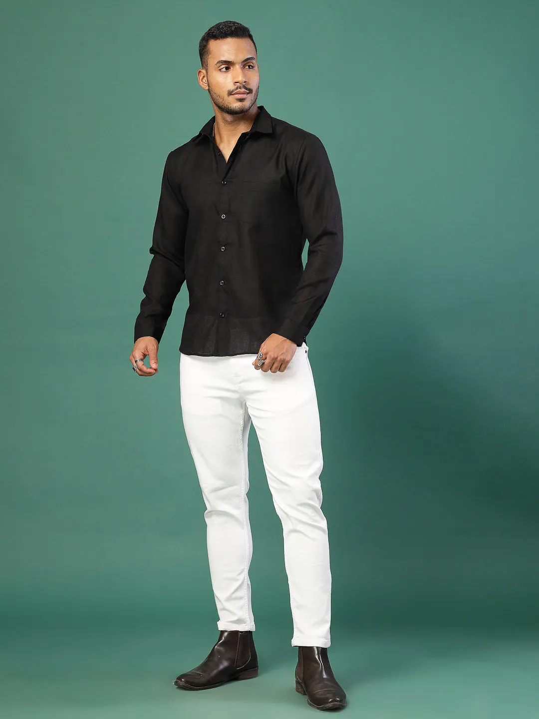 Men's Cotton Linen Cutaway Collar Shirt