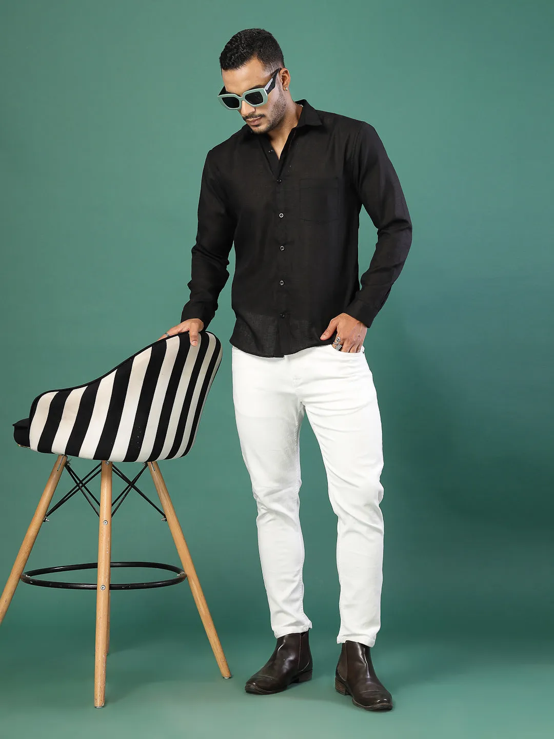 Men's Cotton Linen Cutaway Collar Shirt