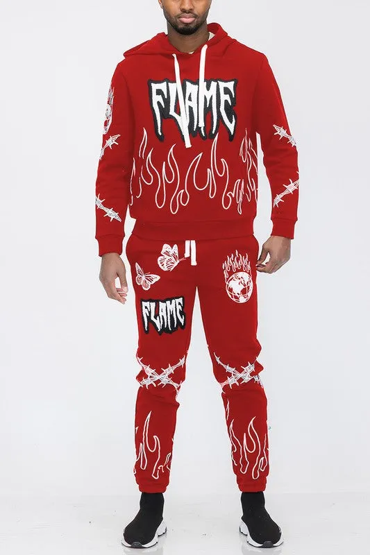 Men's Flame Fire Chenille Hoodie Sweat Set
