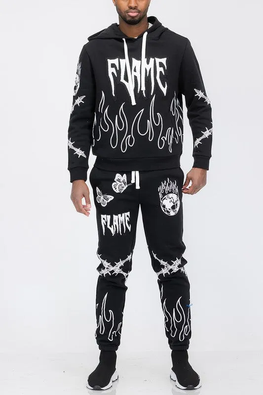 Men's Flame Fire Chenille Hoodie Sweat Set