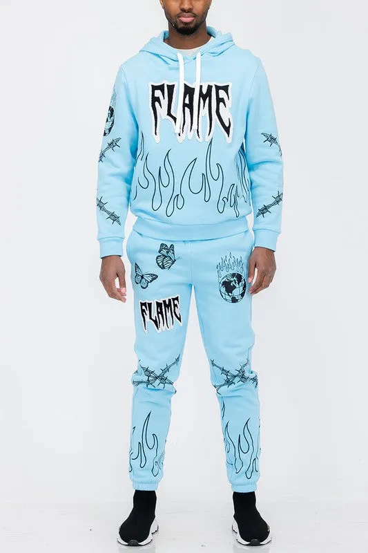 Men's Flame Fire Chenille Hoodie Sweat Set