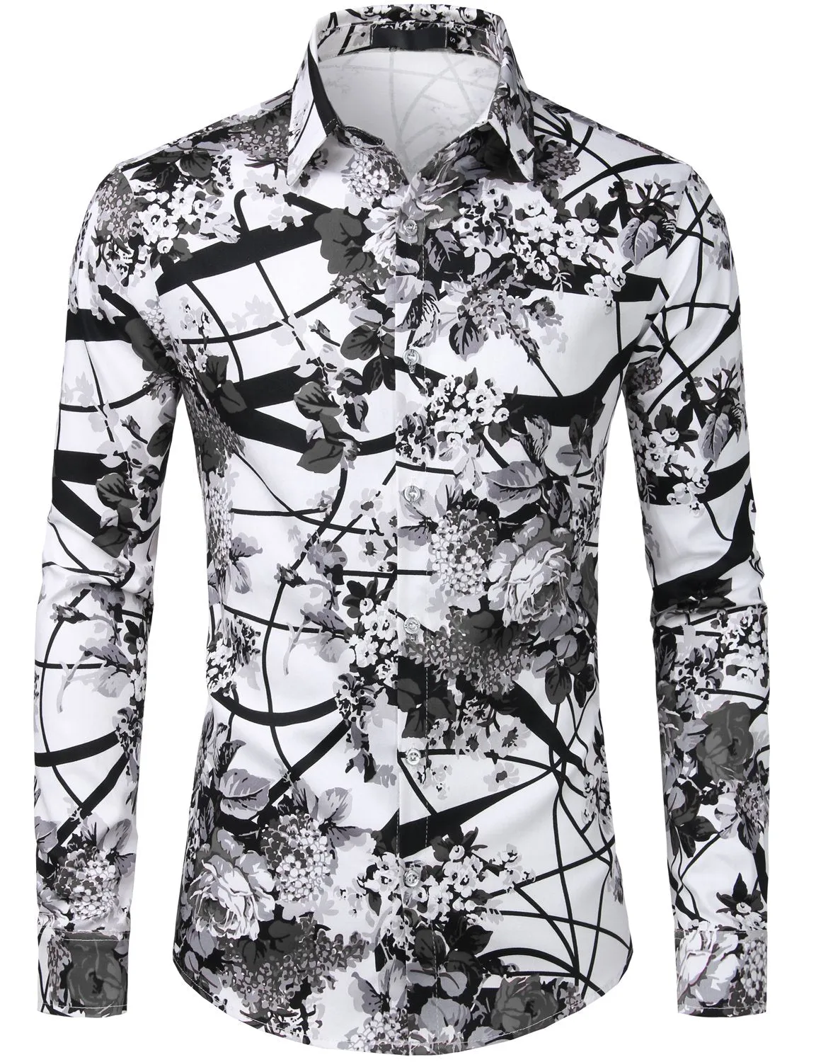 Men's Floral Print Cotton Casual Button Down Long Sleeve Shirt