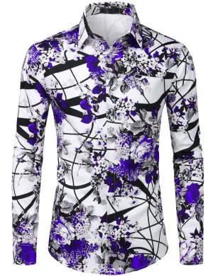 Men's Floral Print Cotton Casual Button Down Long Sleeve Shirt