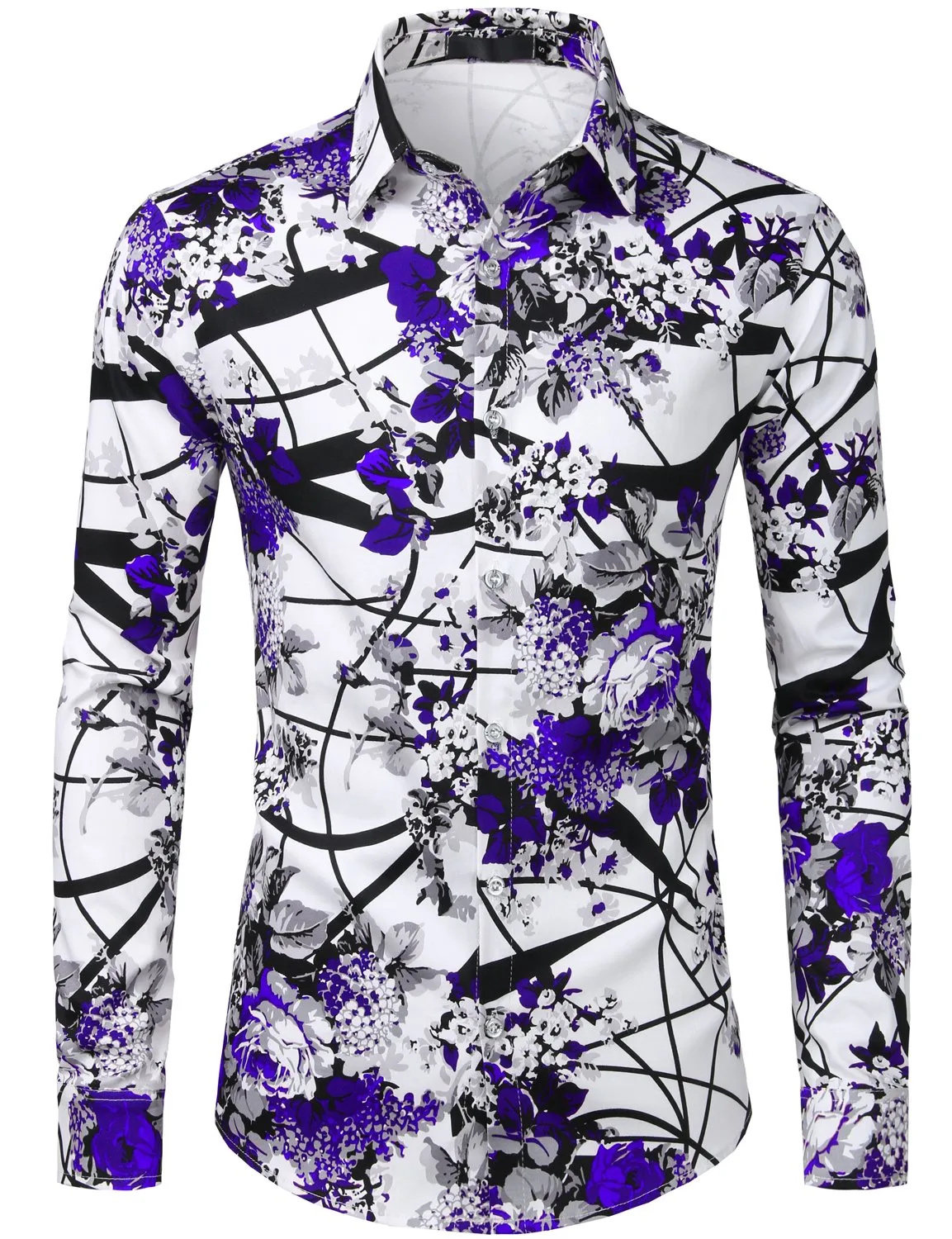 Men's Floral Print Cotton Casual Button Down Long Sleeve Shirt