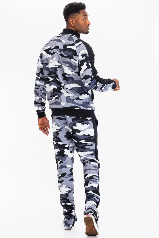 Men's Full Camo with Stripe Jacket and Pants 2-piece Track Set