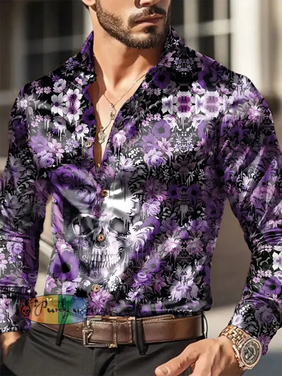 Men's Outdoor Vintage Punk Dark Skull Flower Royal Casual Cotton Satin Fabrics Long Sleeve Shirt
