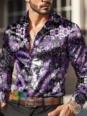 Men's Outdoor Vintage Punk Dark Skull Flower Royal Casual Cotton Satin Fabrics Long Sleeve Shirt