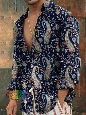 Men's Outdoor Vintage Punk Hippie Perris Flower Pattern Casual Cotton Long Sleeve Shirt