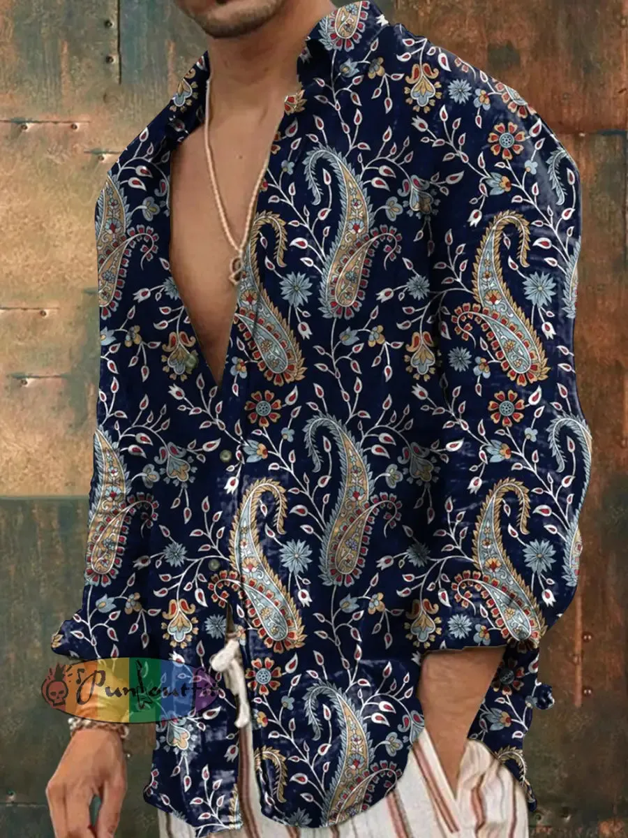 Men's Outdoor Vintage Punk Hippie Perris Flower Pattern Casual Cotton Long Sleeve Shirt