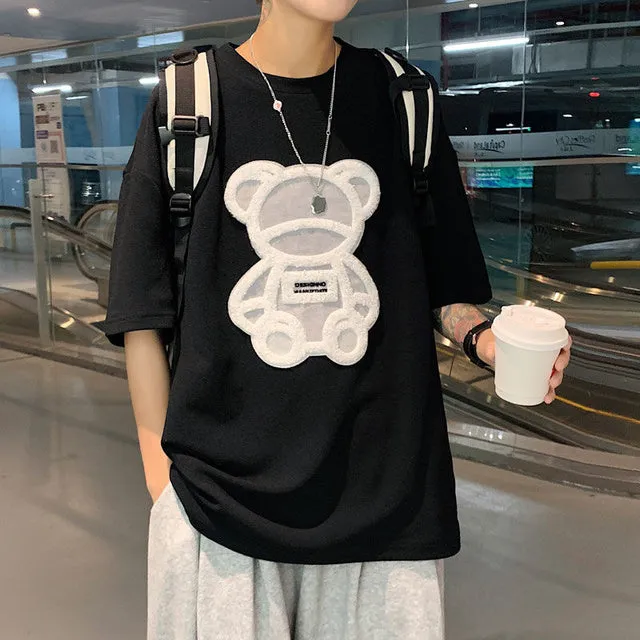 Men's Oversized Flock Printed Bear T-Shirt - K-Pop Inspired Streetwear!