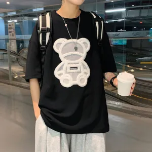Men's Oversized Flock Printed Bear T-Shirt - K-Pop Inspired Streetwear!
