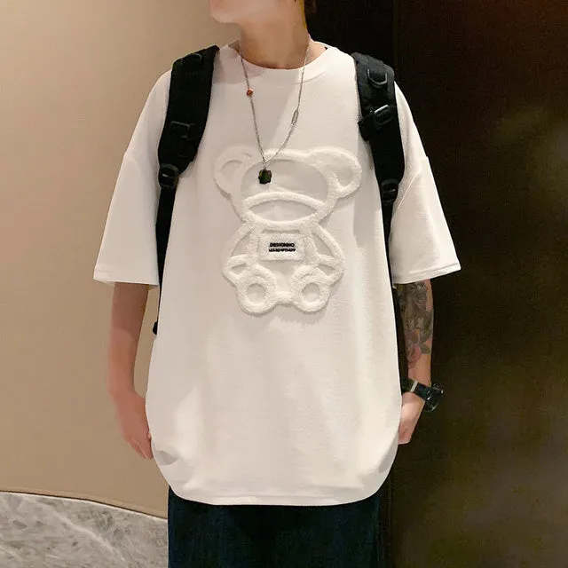 Men's Oversized Flock Printed Bear T-Shirt - K-Pop Inspired Streetwear!