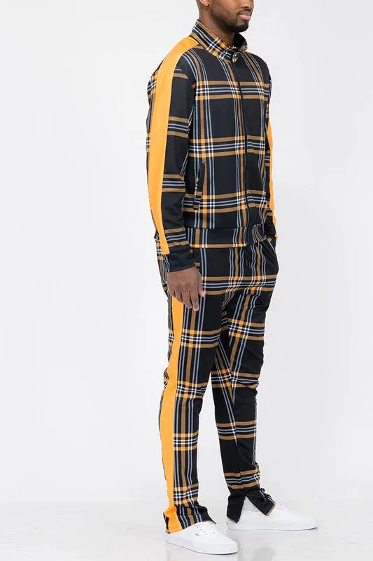 Men's Plaid Checkered Full Zip 2-piece Track Set
