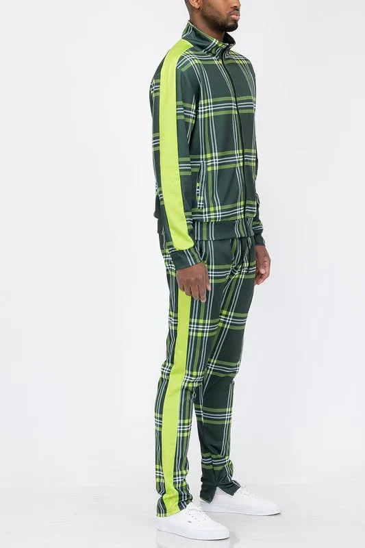 Men's Plaid Checkered Full Zip 2-piece Track Set