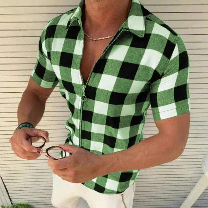 Men's Plaid Zipper T-Shirt – Short Sleeve Summer Casual Shirt with Lapel Collar | Lightweight Acetate Fiber