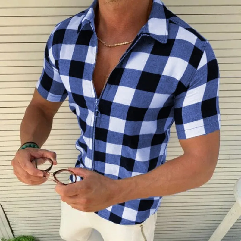 Men's Plaid Zipper T-Shirt – Short Sleeve Summer Casual Shirt with Lapel Collar | Lightweight Acetate Fiber