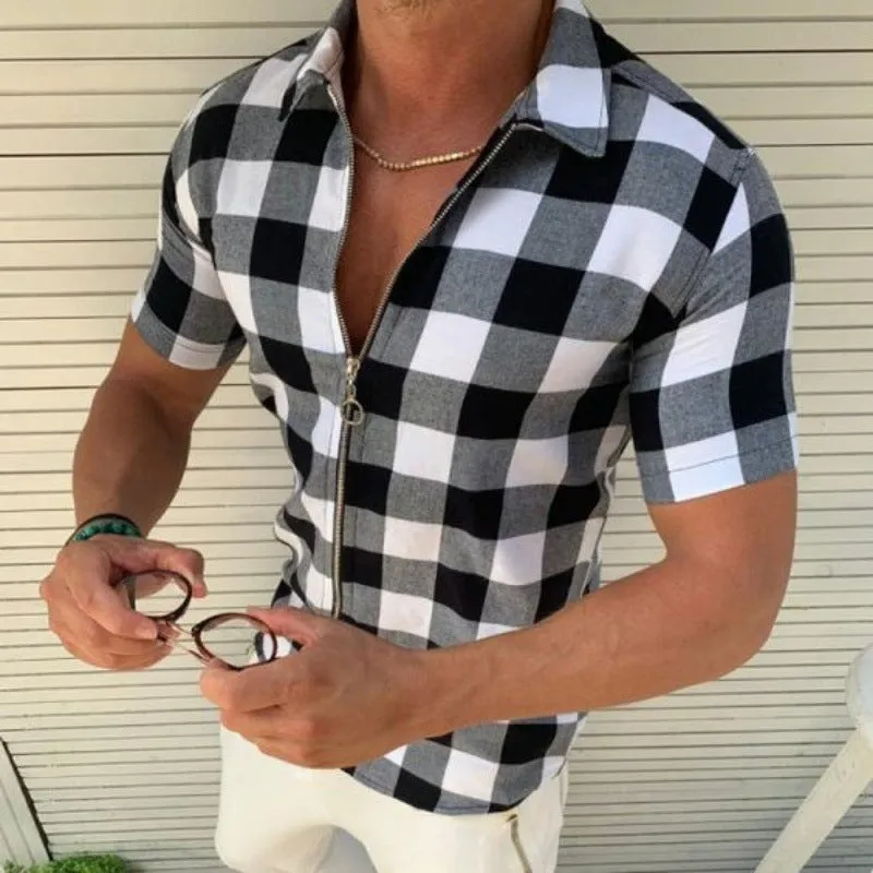 Men's Plaid Zipper T-Shirt – Short Sleeve Summer Casual Shirt with Lapel Collar | Lightweight Acetate Fiber