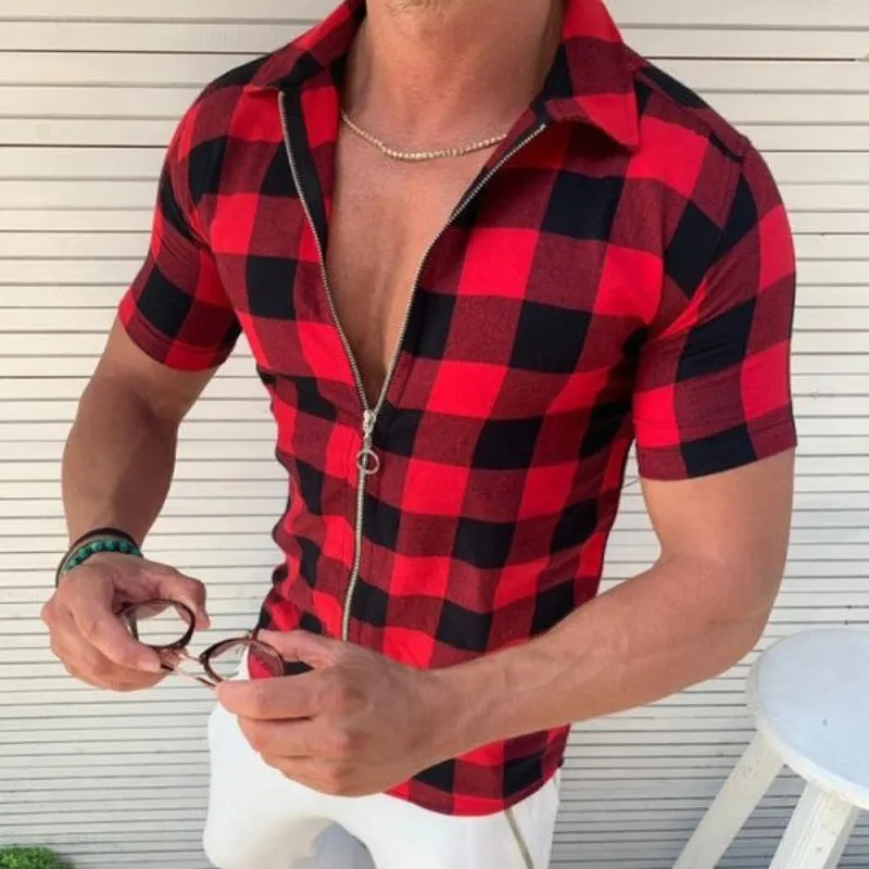 Men's Plaid Zipper T-Shirt – Short Sleeve Summer Casual Shirt with Lapel Collar | Lightweight Acetate Fiber