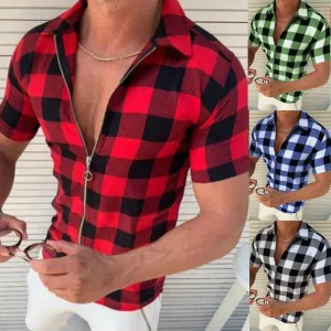 Men's Plaid Zipper T-Shirt – Short Sleeve Summer Casual Shirt with Lapel Collar | Lightweight Acetate Fiber
