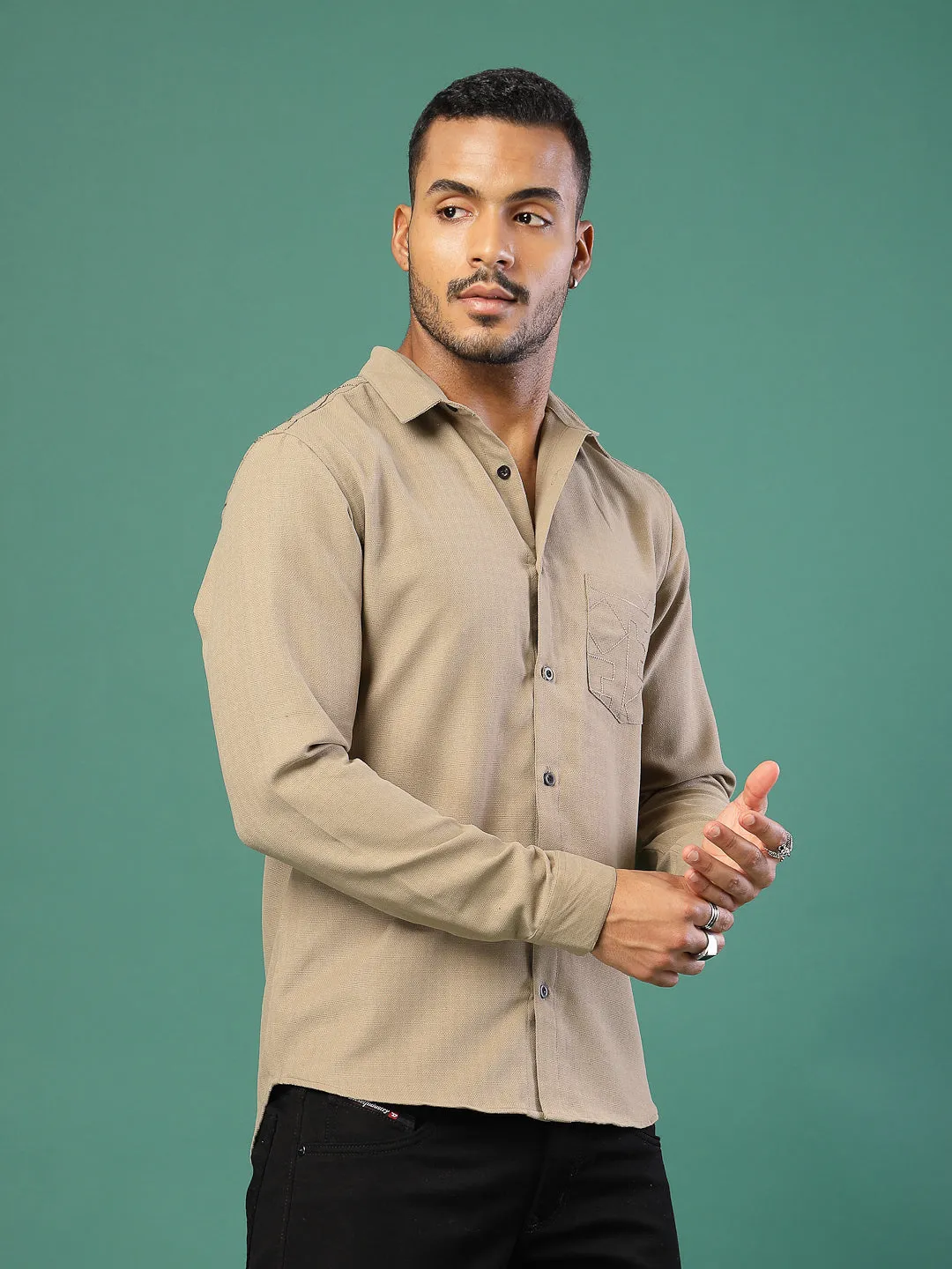 Men's Regular Fit Embroidered Cuban Collar Shirt