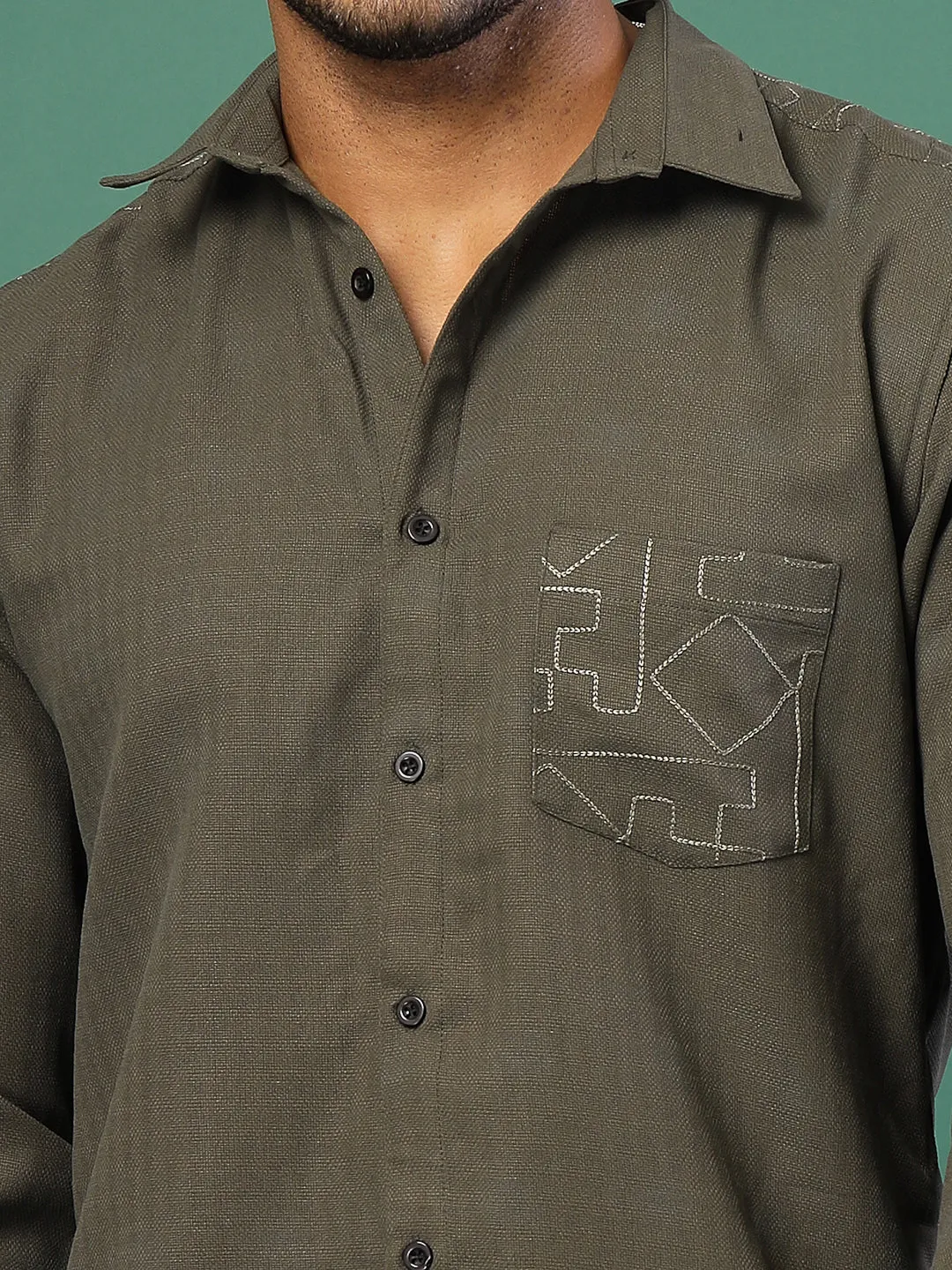 Men's Regular Fit Embroidered Cuban Collar Shirt