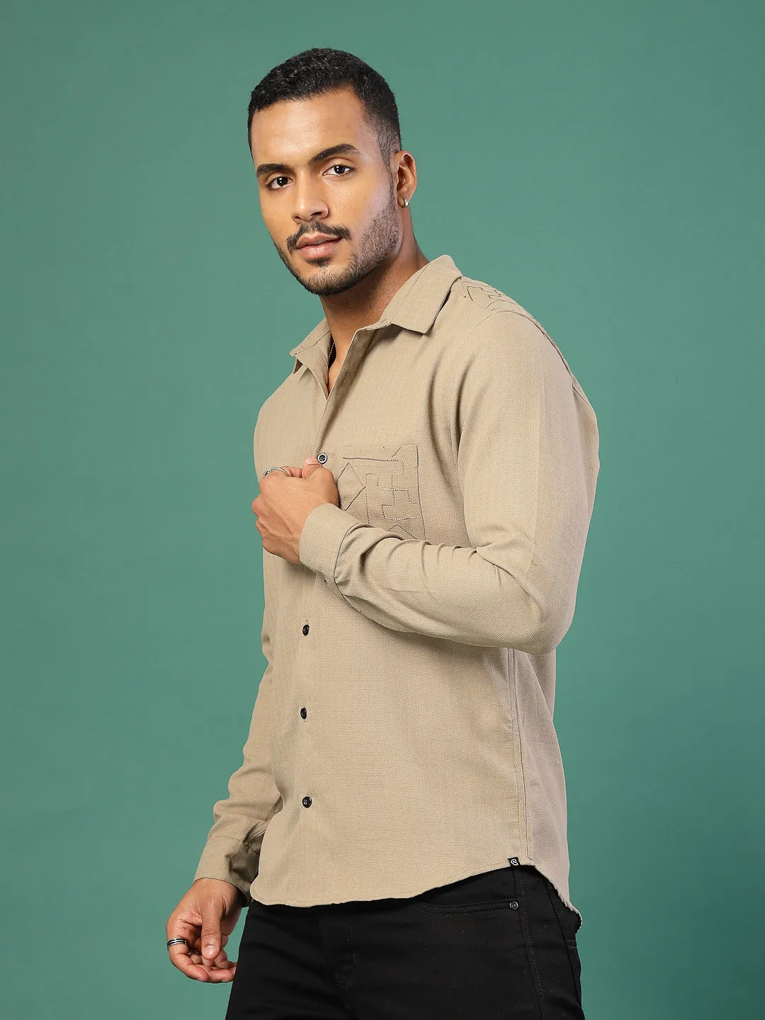 Men's Regular Fit Embroidered Cuban Collar Shirt