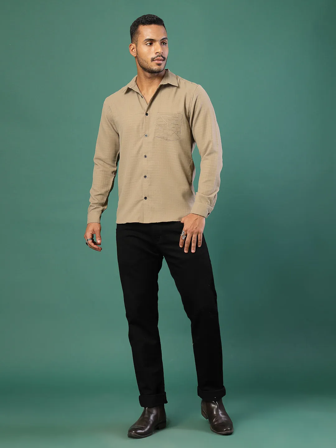 Men's Regular Fit Embroidered Cuban Collar Shirt