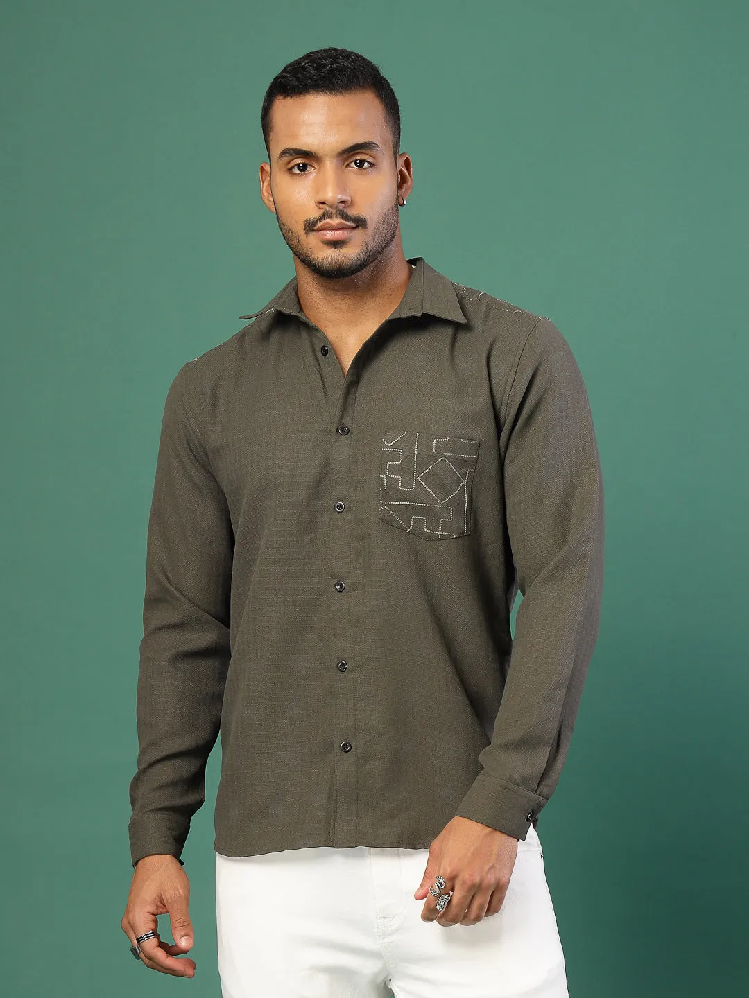 Men's Regular Fit Embroidered Cuban Collar Shirt