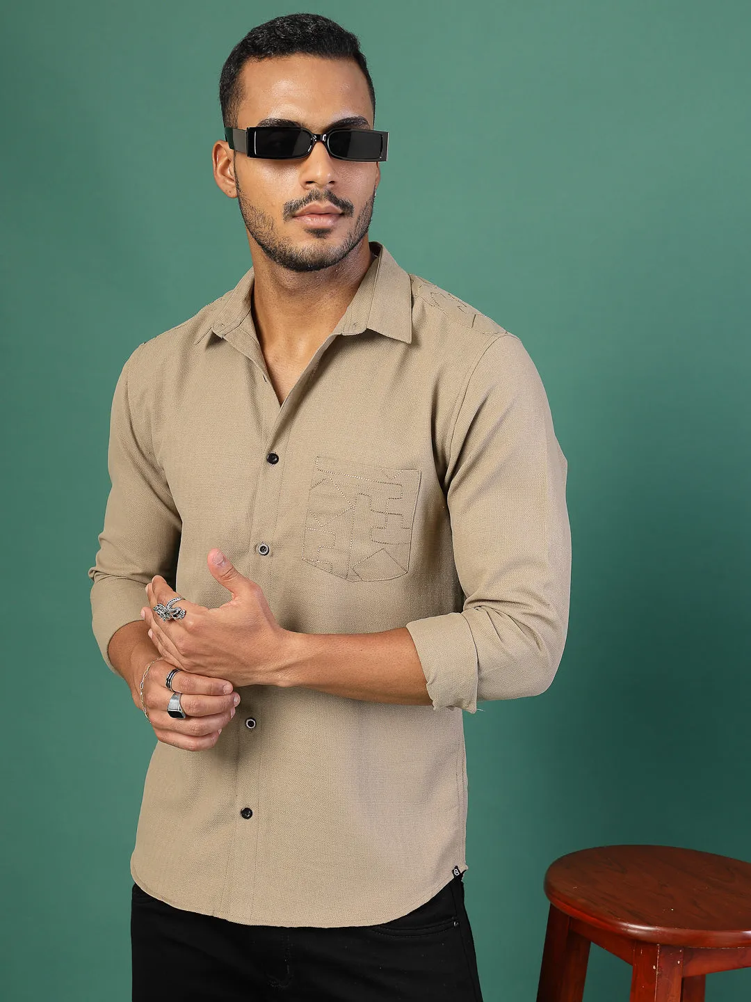 Men's Regular Fit Embroidered Cuban Collar Shirt