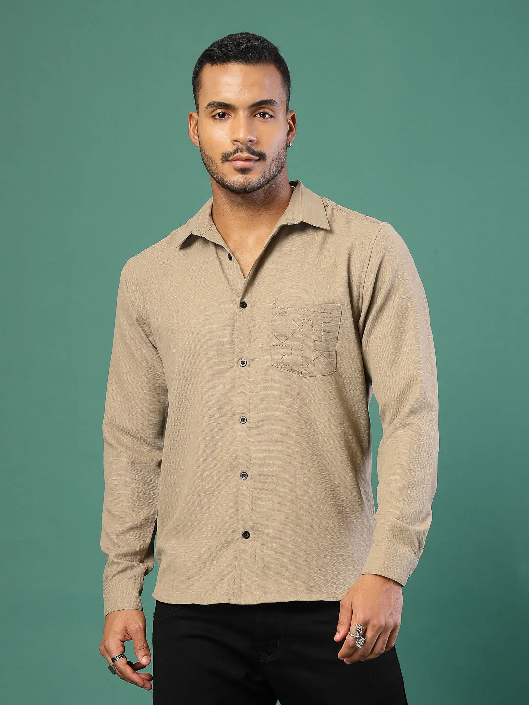 Men's Regular Fit Embroidered Cuban Collar Shirt
