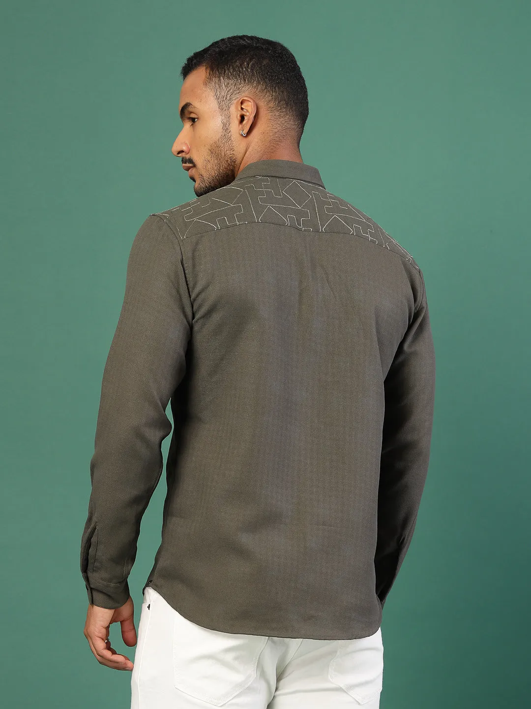Men's Regular Fit Embroidered Cuban Collar Shirt