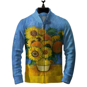 Men's Sunflower Famous Painting Print Zipper Cardigan Jacket