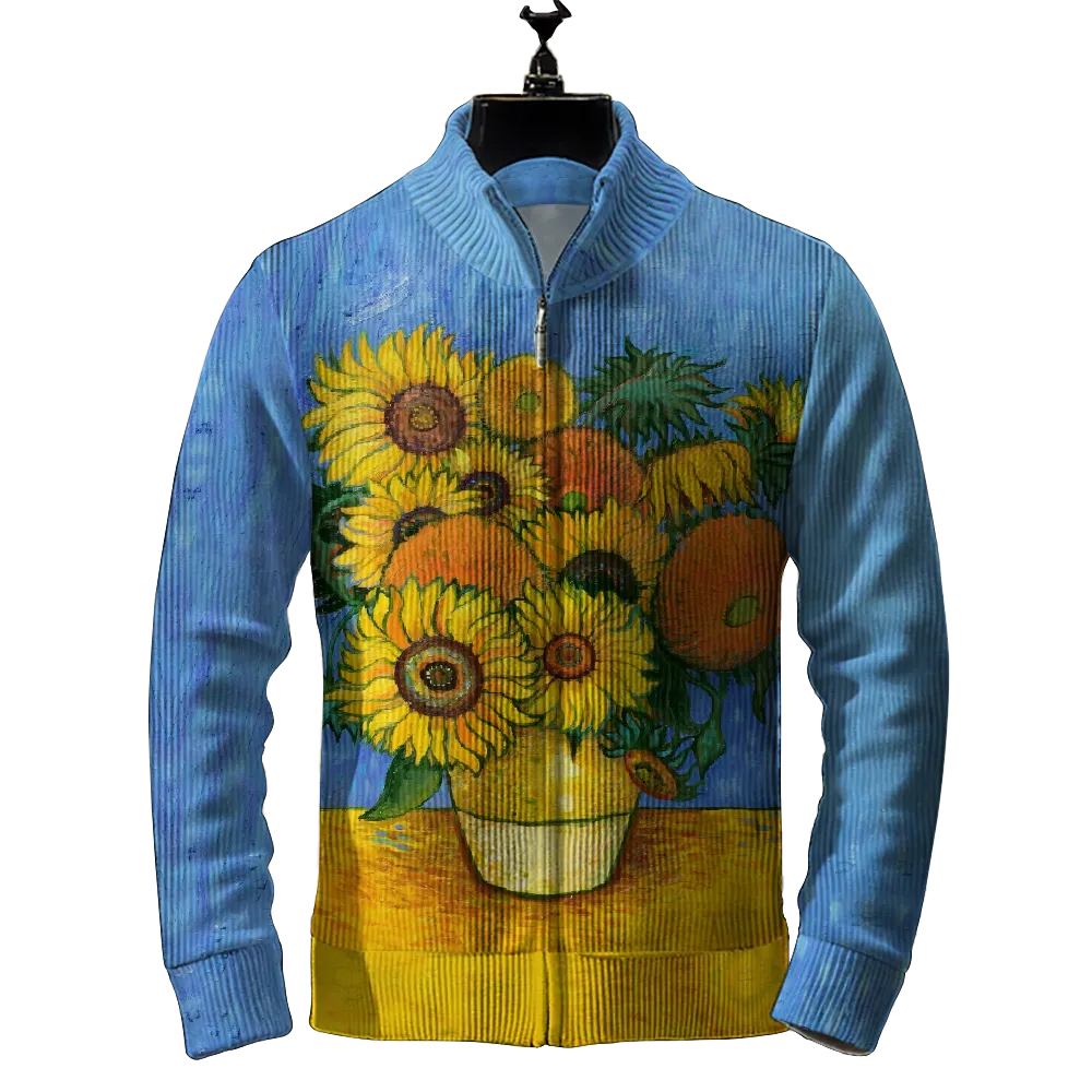 Men's Sunflower Famous Painting Print Zipper Cardigan Jacket
