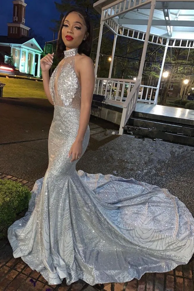 Mermaid Halter Sleeveless Floor-Length Prom Party Gowns