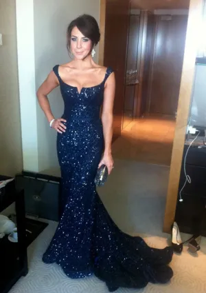 Mermaid Notched Sleeveless Floor Length Court Navy Blue Sequins Evening Dress, Sash