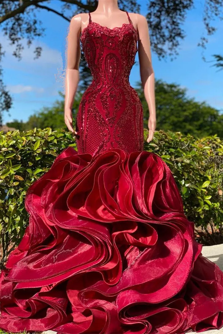Mermaid Spaghetti strap Floor-length Lace Sequined Sleeveless Prom Dress