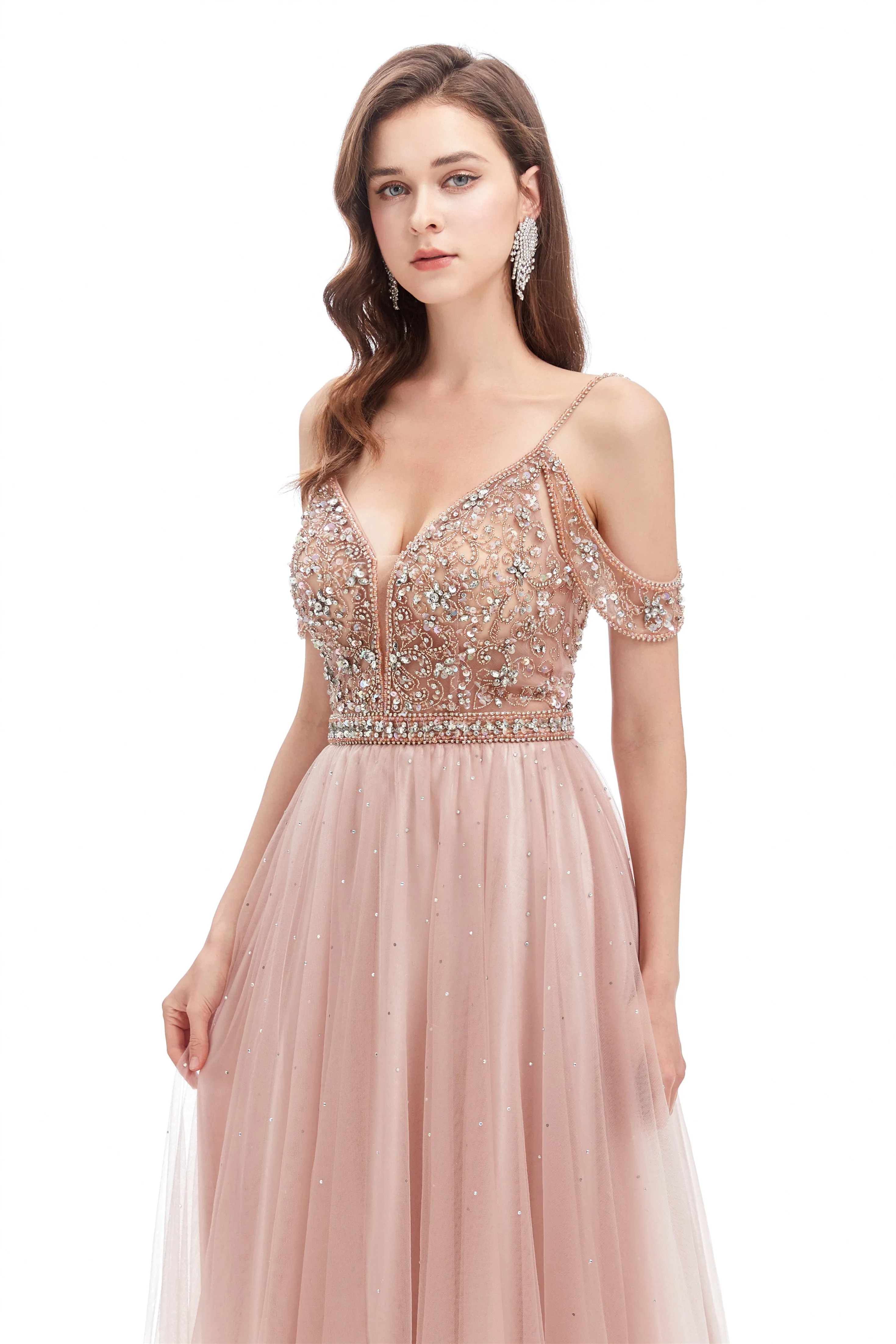 Mermaid Spaghetti strap Off-the-shoulder Beaded Lace Floor-length Sequined Prom Dress