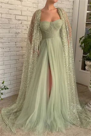 Mermaid Strapless Lace Sequined Floor-length Sleeveless With Shawl High Split Prom Dress