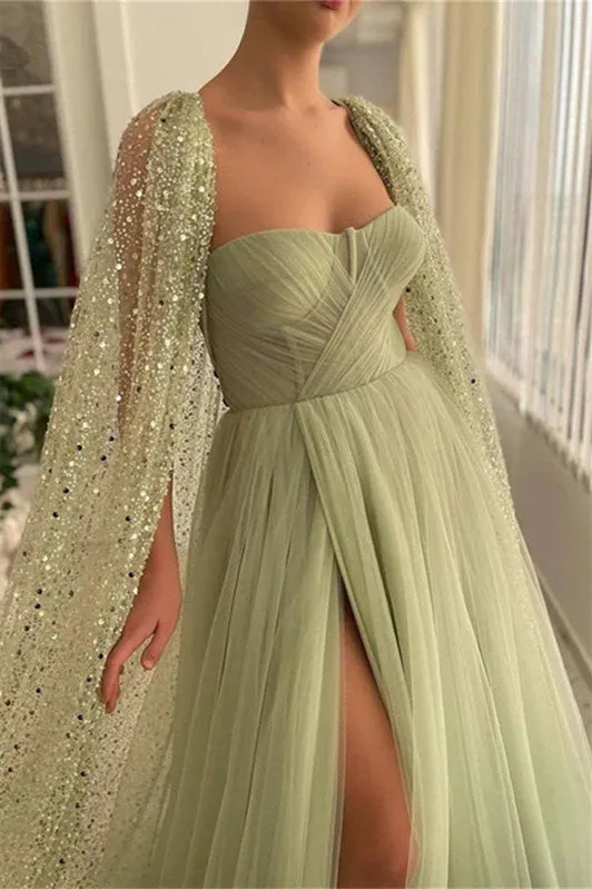 Mermaid Strapless Lace Sequined Floor-length Sleeveless With Shawl High Split Prom Dress