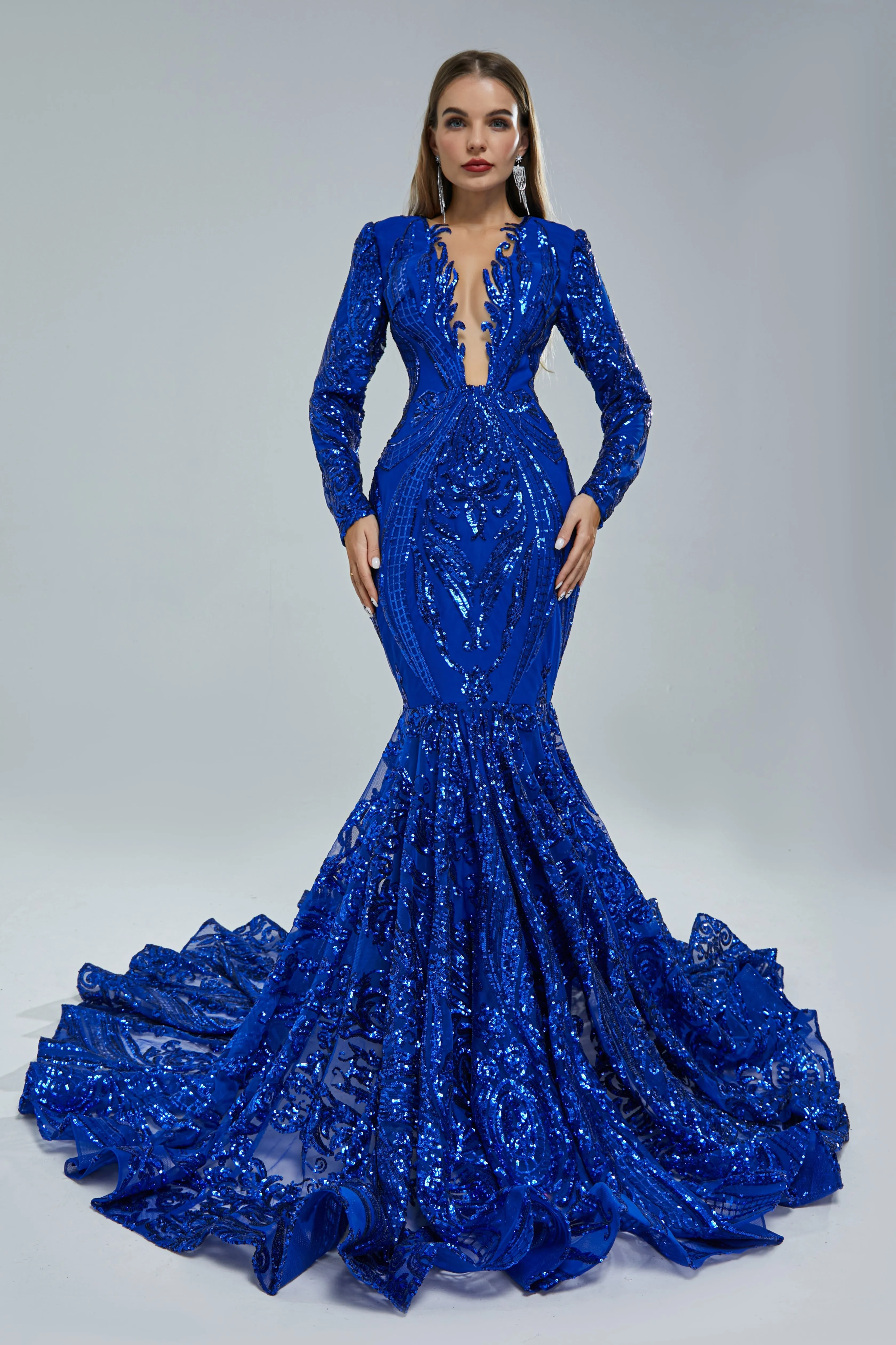 Mermaid V-neck Lace Sequined Floor-length Long Sleeve Elegant Prom Dress
