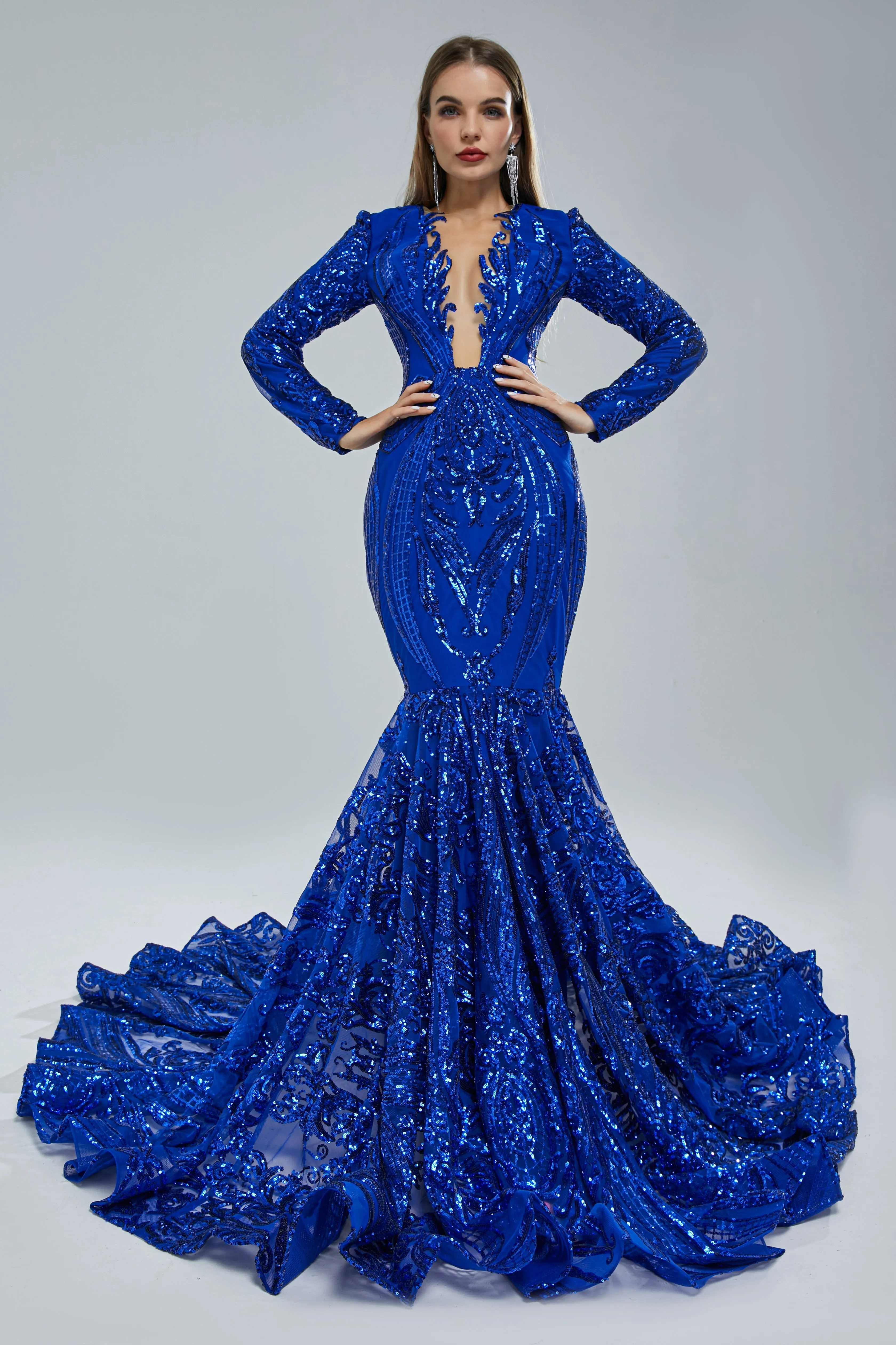 Mermaid V-neck Lace Sequined Floor-length Long Sleeve Elegant Prom Dress