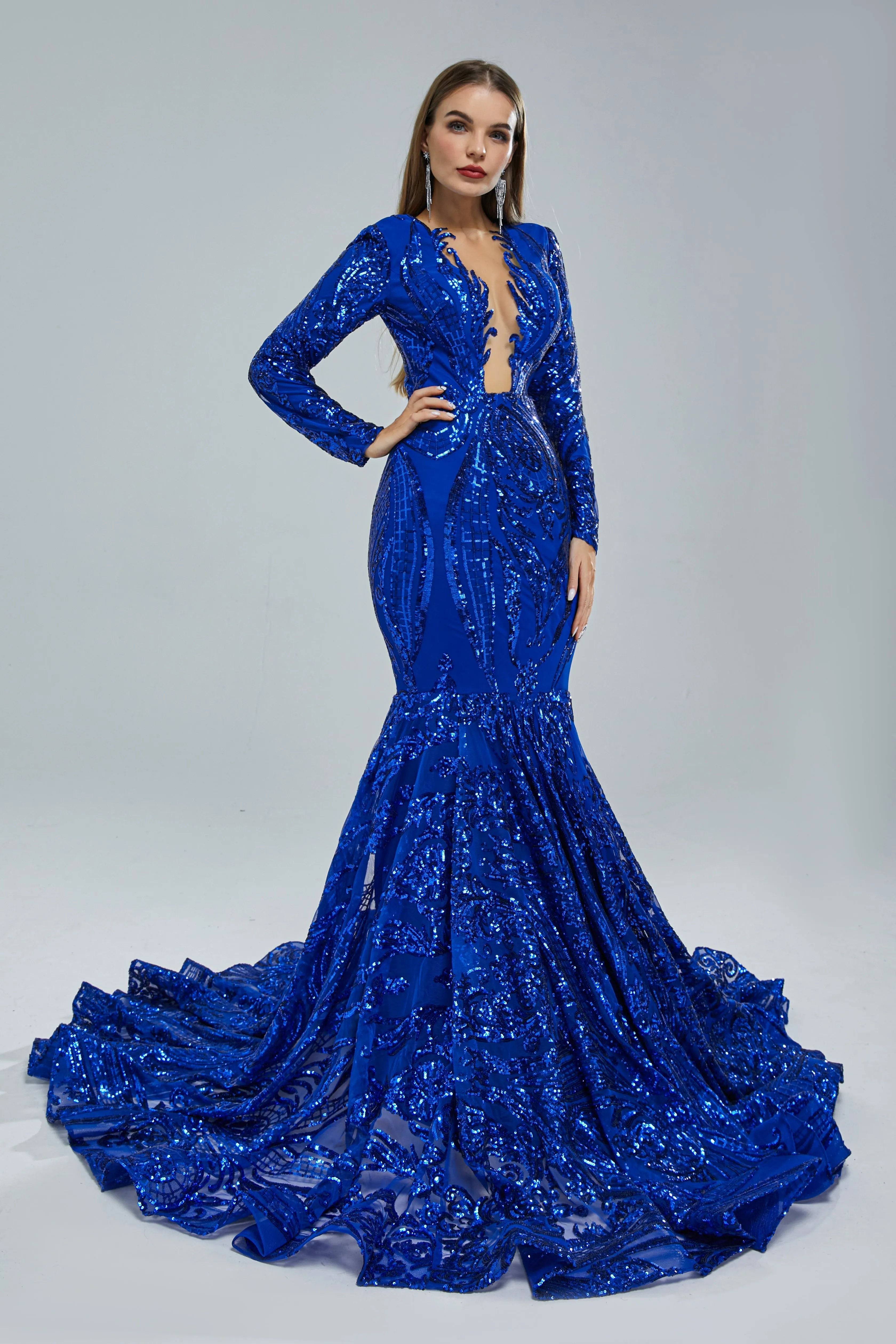 Mermaid V-neck Lace Sequined Floor-length Long Sleeve Elegant Prom Dress