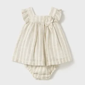 New In Mayoral Girls Natural Linen Striped Dress & Knickers