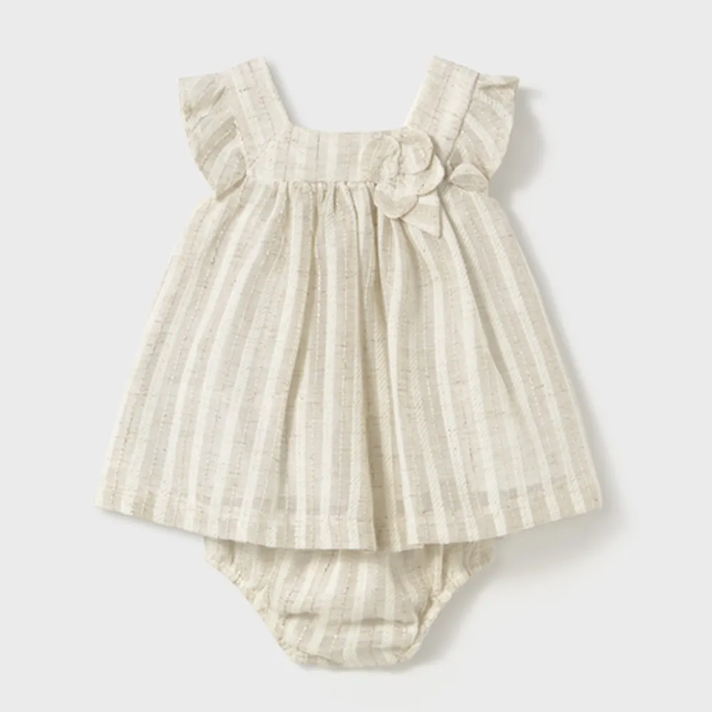 New In Mayoral Girls Natural Linen Striped Dress & Knickers
