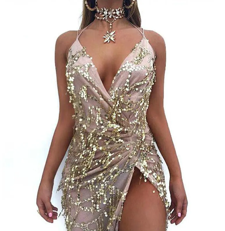 Night club elegant gold shiny sequin long evening maxi spring party dress