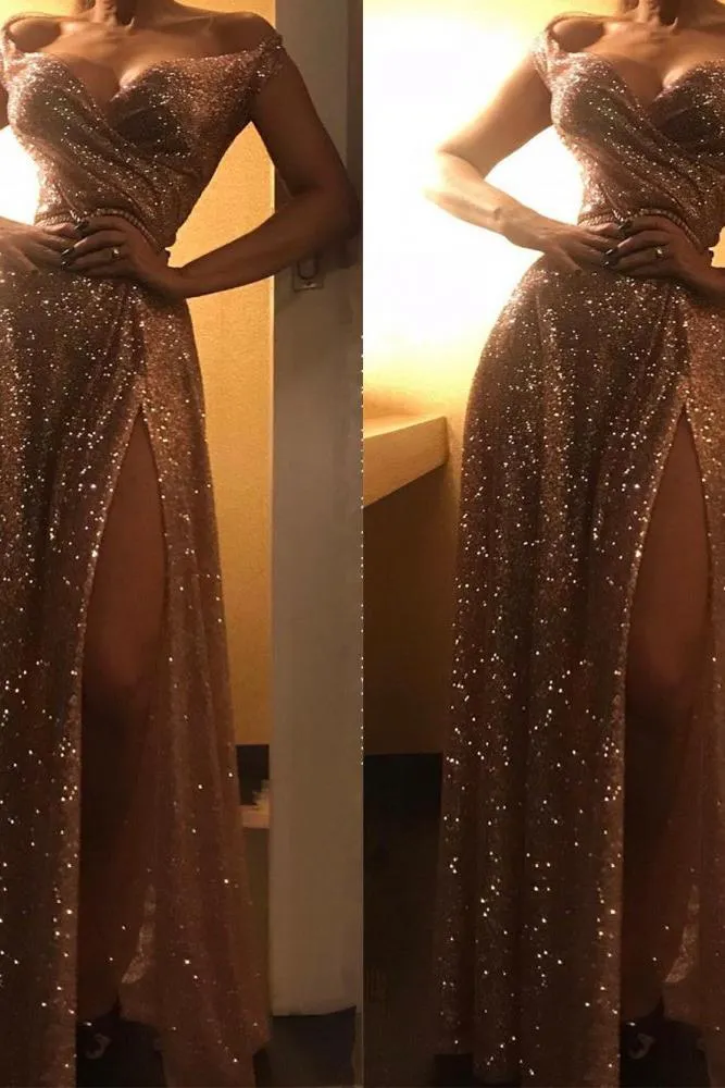 Off-the-Shoulder Charming Gold Sequins Evening Dresses Chic Side Slit Prom Dresses